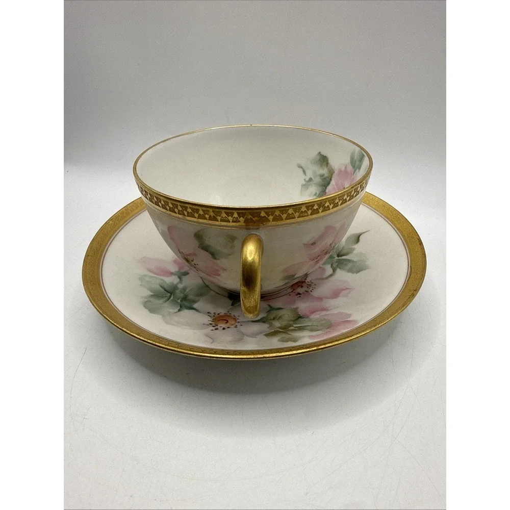 GDA France Limoges Pink Flower Teacup Coffee Cup Saucer Gold Trim Vintage France